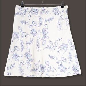 Dressbarn Skirt Sz 14 White Blue Purple Embroidered Floral Linen Blend Bloomcore